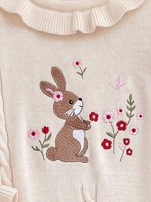 SHEIN Baby Girl Floral Rabbit Pattern Casual Daily Knit Jumpsuit - Khaki - View 5