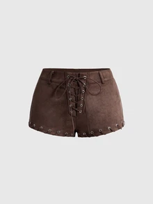 ROMWE Plus Size Hippie Sexy Lace-Up Design Faux Suede Fabric Super Short Shorts For Women, Suitable For Music Festivals, Daily Wear, Vacations, Parties And More - Brown - View 1