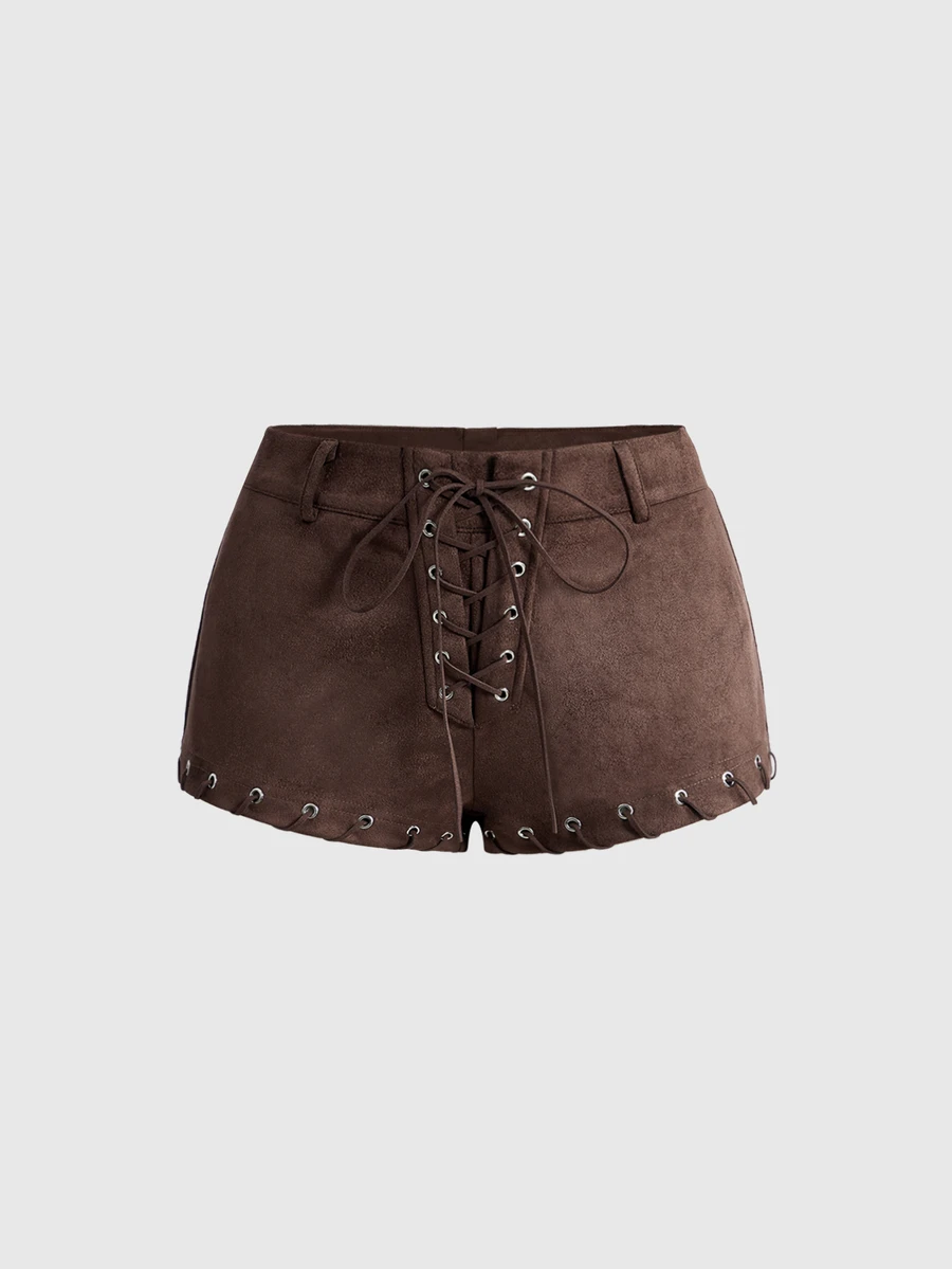 ROMWE Plus Size Hippie Sexy Lace-Up Design Faux Suede Fabric Super Short Shorts For Women, Suitable For Music Festivals, Daily Wear, Vacations, Parties And More - Brown - View 1