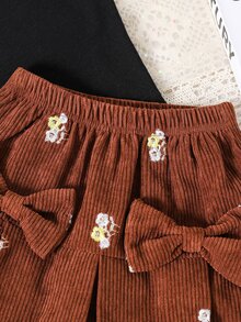SHEIN 女童燈芯絨刺繡蝴蝶結裝飾裙 - 棕色 - 查看 3