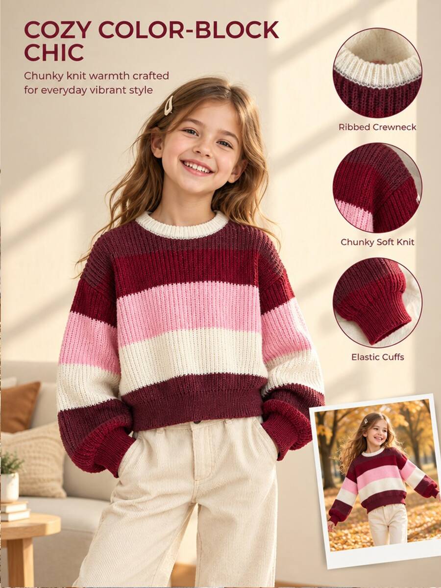 Girls Thick Knit Sweater,Brown Striped,Autumn,Casual,School,Back-To-School,Minimalist Style Long Sleeve Tween Girl Matching Set Tween Winter Clothes - Burgundy - View 1