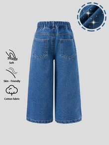 SHEIN Elladie kids 少女閃亮水鑽寬腿牛仔褲 秋季度假戶外派對牛仔褲 - 中等水洗藍 - 查看 2