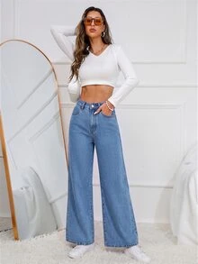 SHEIN Essnce 女款休閒日常牛仔褲，附口袋與鈕扣設計 - 中等水洗藍 - 查看 3