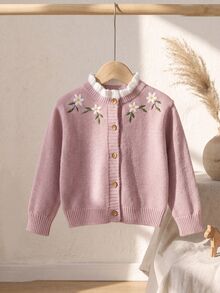 SHEIN 女童針織刺繡拼色立領休閒秋季開襟衫 - 藕粉色 - 查看 3