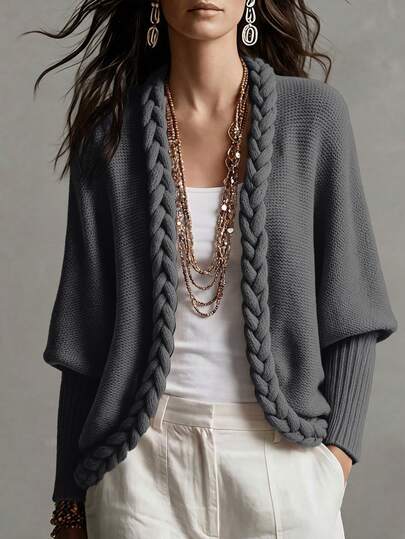 Omancia Cárdigan de mujer estilo artístico vintage de otoño/invierno con punto de cable grueso, cuello en V, manga murciélago, puño acanalado, manga larga, sin botones, frente abierto, ajuste holgado, estilo relajado versátil para uso casual, ir al trabajo, vacaciones y capas