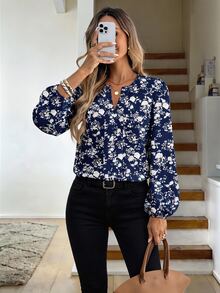 SHEIN LUNE Simple Solid Color V-Neck Lantern Sleeve Casual Blouse For Women, Suitable For Spring & Fall - Multicolor - View 1