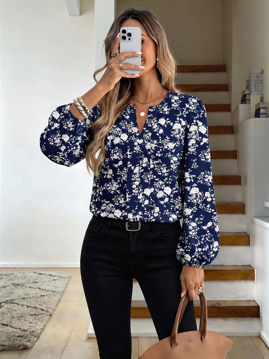 SHEIN LUNE Simple Solid Color V-Neck Lantern Sleeve Casual Blouse For Women, Suitable For Spring & Fall - Multicolor - View 1