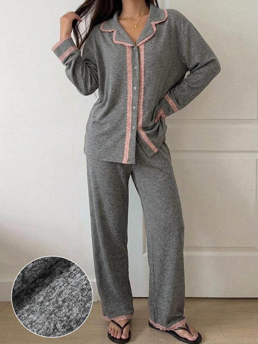 DAZY 2pcs Lace Patchwork Cardigan Long Sleeve Straight Leg Long Pajama Pants Women's Sleepwear Set - Grey - View 1