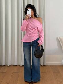 Siren Gaze Women's Solid Color Asymmetrical Shoulder Long Sleeve Ruched Casual Top - Pink - View 4