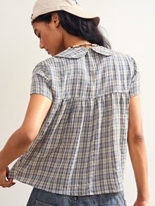 Bohemela Women's Korean Style Button Half-Placket Plaid Shirt - Blue and White - View 7