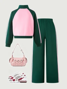 SHEIN 女童休閒兩件套，紐約字母印花立領運動衫與短褲，保暖校園穿搭，適合日常穿著、上學、通勤、外出、散步、購物、旅行，可搭配夾克、背心、棉襖 - 墨綠色 - 查看 2