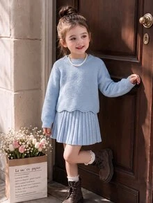 Souflis Young Girl Outfit Set Light Blue Knit Sweater Long Puff Sleeve Solid Top With Pleated Skirt - Blue - View 5