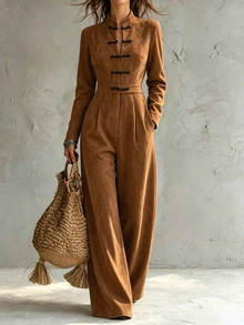 SHEIN New Chinese Style Frog Button Stand Collar Jumpsuit - Brown - View 5