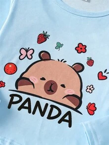 女童休閒可愛水豚印花長袖秋季/冬季牛奶絲面料居家服套裝 圓領針織卡通動物 2件組 柔軟舒適 - 藍色 - 查看 8