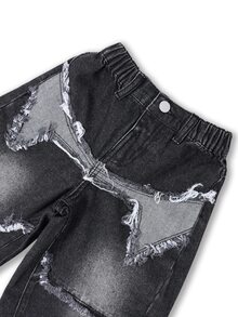 Boys' Black & Grey Washed High-Waist Elastic Curved Leg Horseshoe Jeans With Heavy Distressed Large Five-Point Star, Frayed Hem, Contrast Patchwork, Casual School Daily Wear - Black - View 6