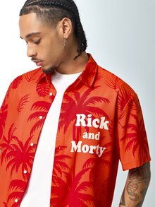 Rick and Morty X SHEIN Áo sơ mi nam ngắn tay họa tiết cây cọ phong cách du lịch - trái cam - Xem 5