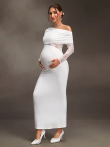 Cheriluna Maternity Maternity White Knit Contrast Lace Elegant Dress For Photography - White - View 5