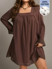 Freevana Plus Size Women Solid Color Ruched Square Neck Casual Daily Summer Long Sleeve Dress - Coffee Brown - View 1