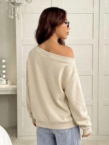 SHEIN EZwear Women's Loose Asymmetrical Shoulder Thermal Lined Sweatshirt, Apricot, Autumn/Winter - Apricot - View 2