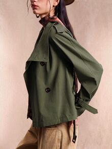 Easelle Vintage French Elegant Nomadic High Collar Cinched Waist Button Up Women Trench Coat Women Trench Coat Cinched Waist Office Everyday Olive Green Fall - Army Green - View 7