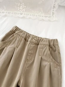 SHEIN 女童休閒日常牛仔長褲 壓褶口袋設計 - 卡其色 - 查看 5