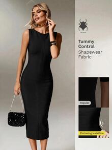 Nuvra Women's Bodycon Ribbed Knit Bandage Dress With U-Back, Back Slit, For Party And Vacation - Black - View 10