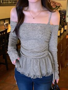 DAZY Grey Asymmetrical Shoulder Fitted Long Sleeve Solid Color Knit Top T-Shirt - Grey - View 7