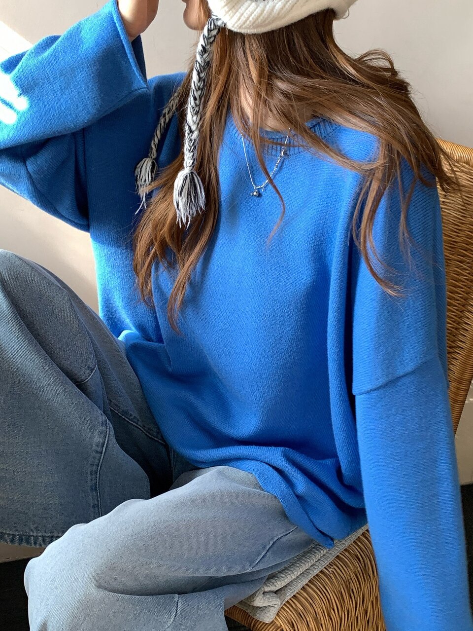 Women's Round Neck Loose Blue Casual Sweater