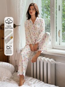 DAZY طقم ملابس نوم نسائي كاجوال يومي للمنزل بطبعة كاملة، ملابس علوية بأكمام طويلة وبنطال - أبيض - مشاهدة 3