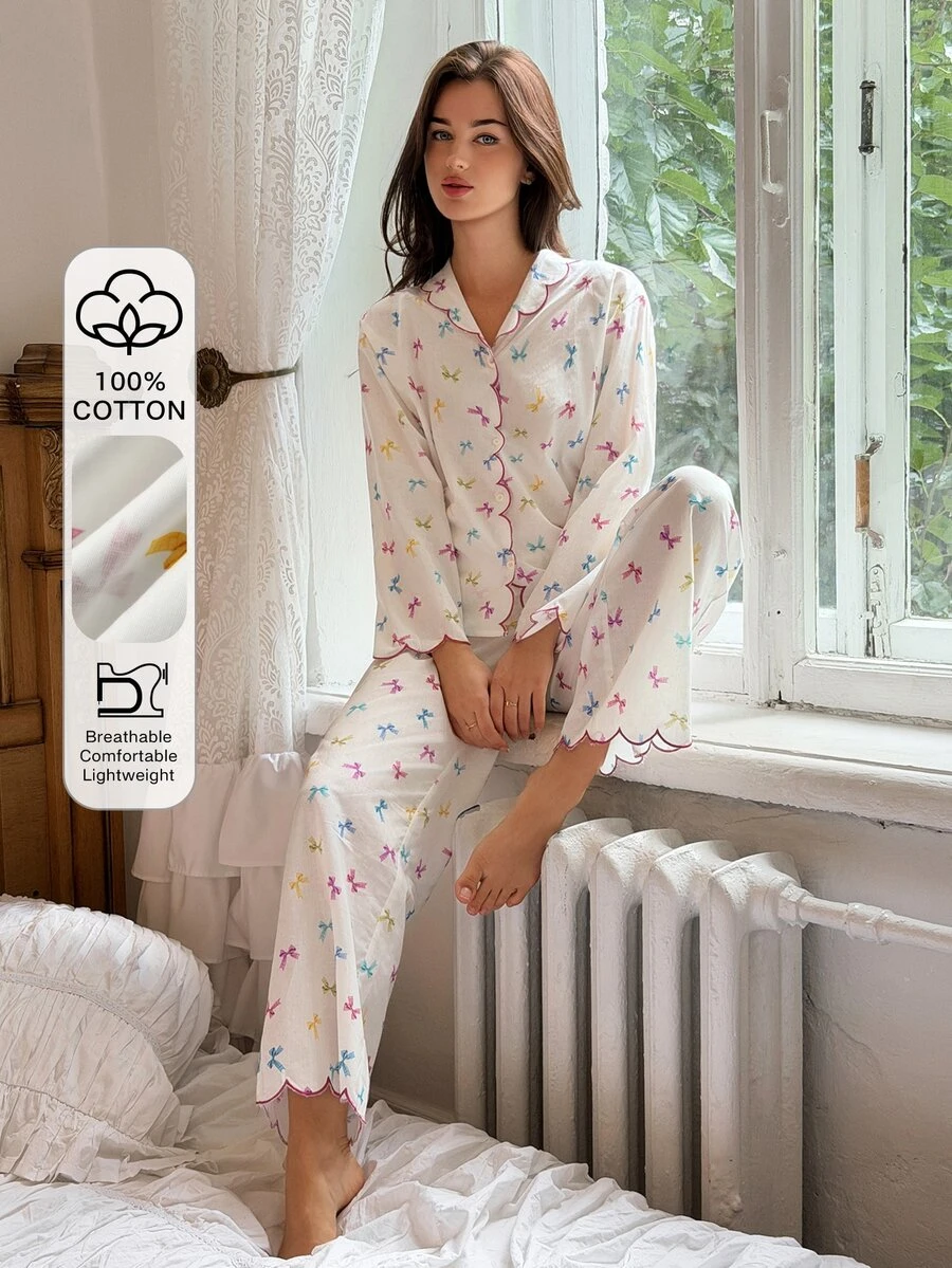 DAZY Women's All-Over Print Long Sleeve Top And Pants Casual Daily Home Sleepwear Set - White - View 1