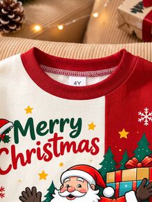 男童 (小號) 運動衫套裝，紅白色上衣印有聖誕老人坐雪橇圖案與「Merry Christmas」文字，雪花與星星裝飾，搭配紅白配色長褲，相同聖誕印花，羅紋袖口與下擺 - 彩色 - 查看 6