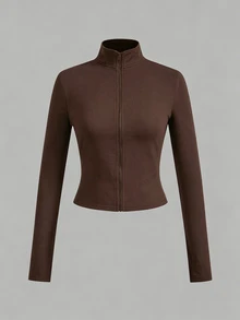 SHEIN EZwear 3件裝休閒極簡風棕色卡其米色針織拉鍊長袖女款T恤，適合秋冬穿著 - 彩色 - 查看 7