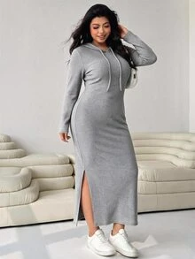 Solflare Autumn/Winter Casual Versatile Light Gray Plus Size Women's Drawstring Hooded Dress - Light Grey - View 4