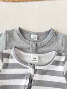 SHEIN 2件裝男嬰白色與灰色可愛大象印花圓領長袖連身包屁衣，舒適百搭，適合秋冬外出穿著 - 彩色 - 查看 5