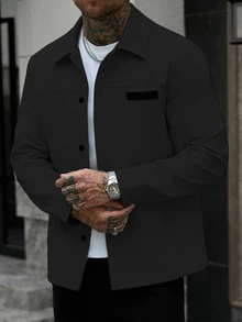 Manfinity Homme Men's Solid Color Casual Outdoor Slim Fit Jacket - Black - View 5