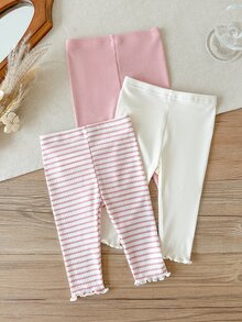 SHEIN 3 Pcs Baby Girls Leggings Pants Cute Sweet Pink White Ribbed Striped Lettuce Trim Ruffle Hem Lightweight Vacation Beach Summer Holiday Ballet Basic - Multicolor - View 2