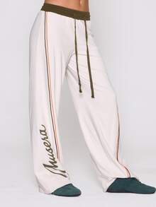 MUSERA Graphic Slogan Printed Striped Elasticated Drawstring Waist Jogger Autumn Winter Fall Coolgirl Holiday Everyday Roadside Renegade - Cream - View 3