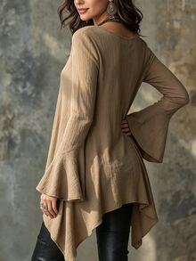 Linhara CURVE Fashion Casual French Vintage Elegant Commuter Ruffle Khaki Blouse - Khaki - View 2