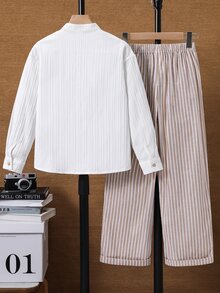 SHEIN 兒童青少年男孩學院風刺繡Logo立領長袖襯衫/長褲套裝 - 白色 - 查看 4