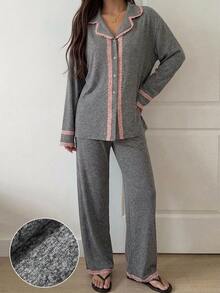 DAZY 2pcs Lace Patchwork Cardigan Long Sleeve Straight Leg Long Pajama Pants Women's Sleepwear Set - Grey - View 3