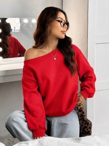 SHEIN EZwear 女款寬鬆不對稱肩領保暖內裡紅色運動衫，秋冬款 - 紅色 - 查看 1