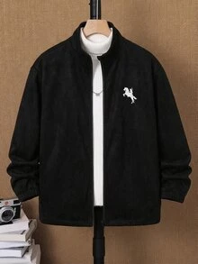 SHEIN 兒童青少年男孩可愛秋冬抓絨立領夾克，黑色，適合室內、戶外、日常、運動、玩耍、派對、攝影、度假、假日、嘉年華，秋冬季節穿搭，秋季風格 - 黑色 - 查看 3