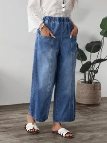 SHEIN Tall Women's Elastic Waist Pocket Casual Everyday Denim Jeans - Blue - View 5