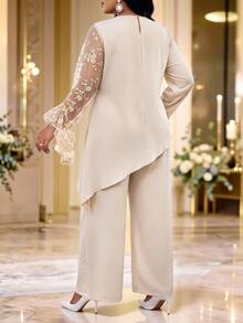 Fleurora Plus Size Women's Patchwork Embroidered Mesh Bell Sleeve Asymmetrical Hem Top And Wide Leg Pants Elegant 2 Pieces Set - Khaki - View 2