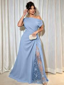 Cravure Women's Plus Size Party Date Banquet Cocktail Wedding Simple Elegant Cold Shoulder Lace Trim Slit Pleated Asymmetric Neckline Solid Color Long Dress - Dusty Blue - View 5