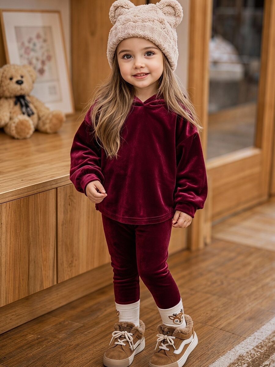 SHEIN Baby Girl Knit Solid Color Hooded Casual Sweatshirt And Long Pants 2 Pieces Set - Burgundy - View 1