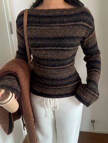 Aloruh Sweater Wanita Gaya Vintage Liburan dengan Blok Warna dan Desain Pinggang yang Pas, Gaya Streetwear - Coffee Brown - View 3