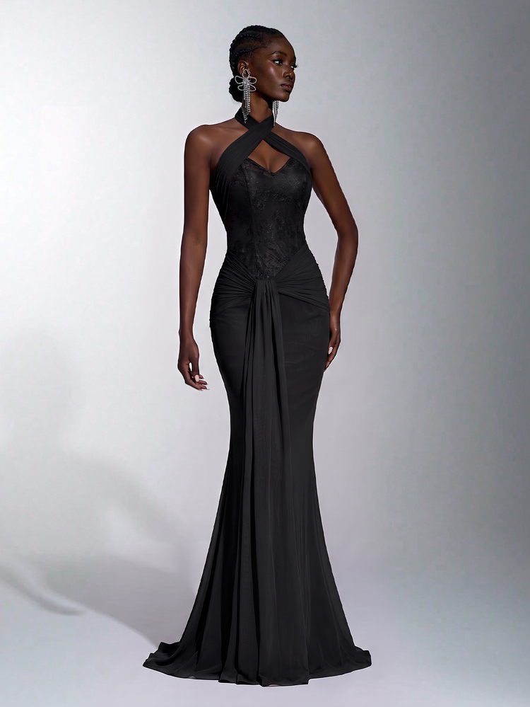 Elitara Elegant Glamorous Romantic Black Luxury Sequin Beaded Lace Embroidered Patchwork Elastic Knit Mesh Ruched Criss-Cross Halter Neck Mermaid Dress Sexy Backless Suitable For Wedding Events Bachelorette Party Vacation Prom Holiday Party Graduation Season Evening Gown - Black - View 1