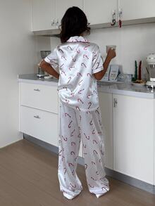 ZzzCrew Christmas Candy Cane Print Faux Silk Pajama Set, Exquisite Lapel Home Leisure 2 Pieces Set - Red and White - View 2