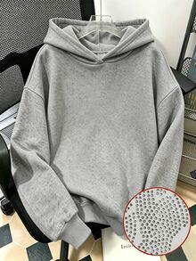 青少年女孩秋冬黑色寬鬆連帽長袖套頭衛衣，背面大翅膀水鑽裝飾，休閒百搭街頭風上衣，適合日常穿著、校園與聚會 - 灰色 - 查看 2